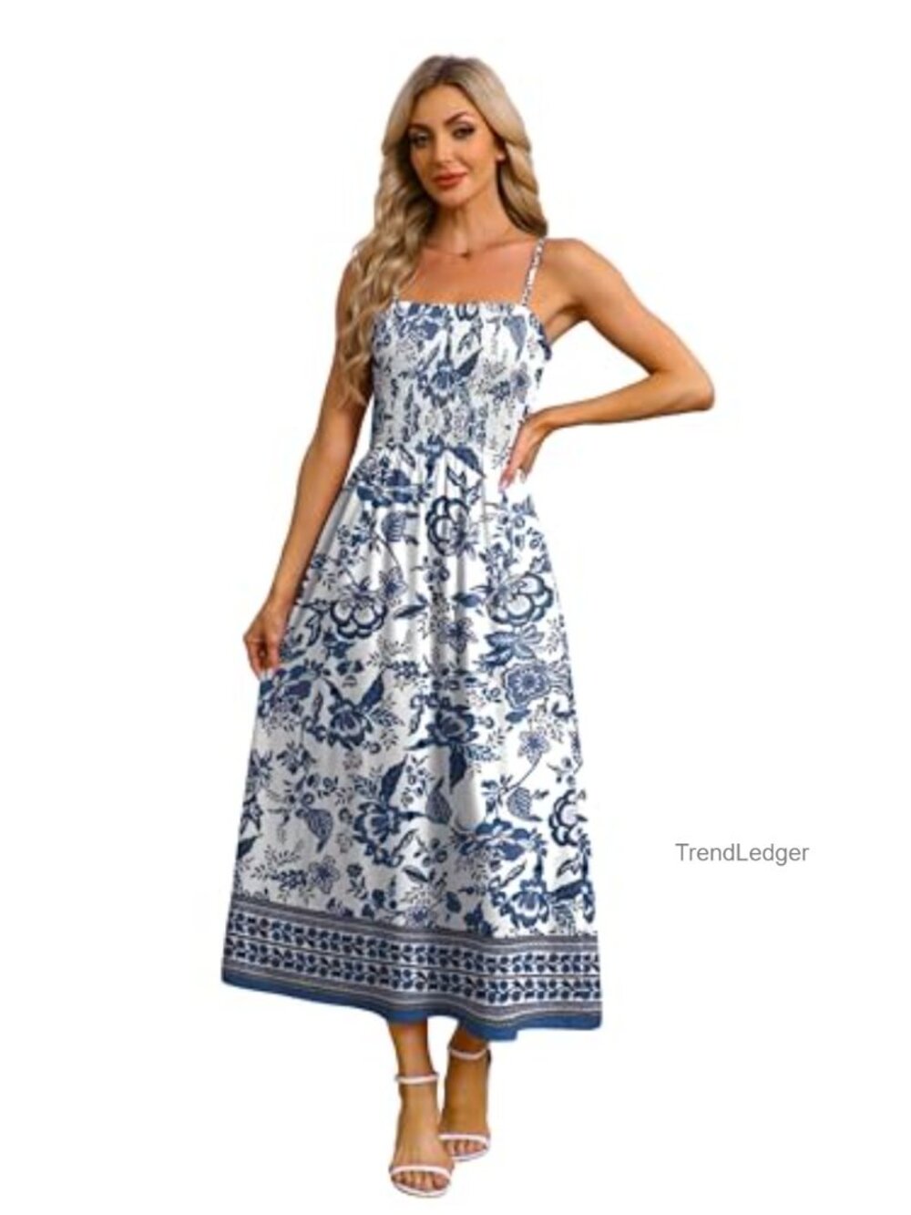 Spaghetti Strap Smocked Maxi Dress with Pockets - Casual Boho Beach Sundress - Picture 3 of 6
